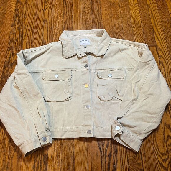 Hayden LA Women's Cropped Denim Jacket Tan Beige Button Up Size L Large - Picture 1 of 9